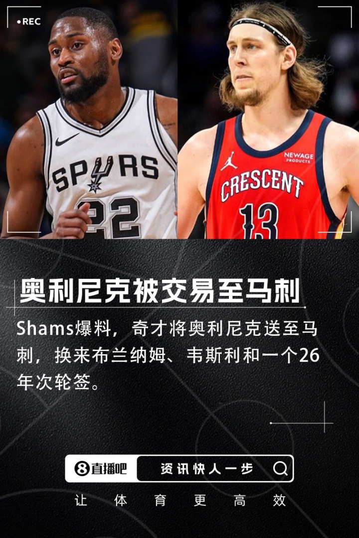 Shams：奥利尼克被交易至马刺 奇才得到布兰纳姆+韦斯利+26年次轮