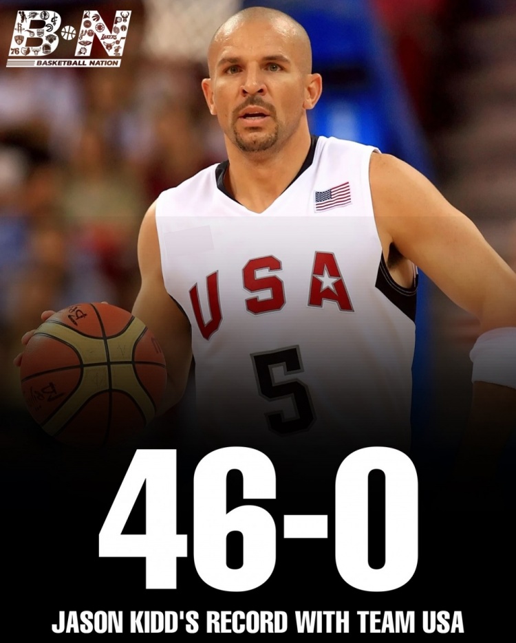 😲基德代表美国男篮合计46胜0负 他还担任梦八救赎之队队长