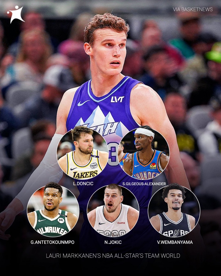 马尔卡宁的全明星世界队先发：SGA+东契奇+字母哥+文班+约老师