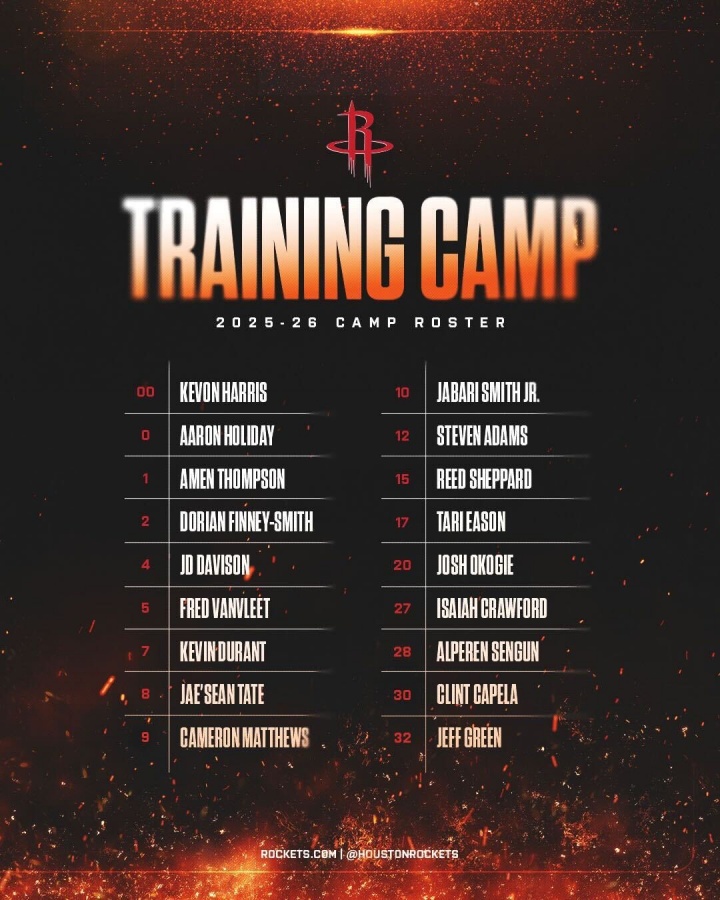 火箭公布训练营名单：杜兰特&申京领衔 范弗里特在列 共18人