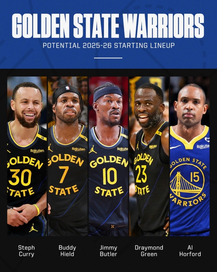 老年组！勇士新季潜在首发：库里、希尔德、巴特勒、追梦、霍福德