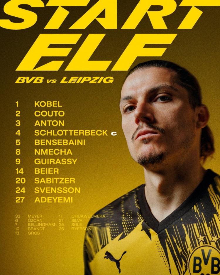 多特对阵莱比锡首发：吉拉西、萨比策、阿德耶米、施洛特贝克在列