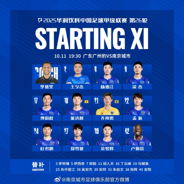 中甲第26轮，广东广州豹VS南京城市 首发名单出炉 让我们并肩战斗