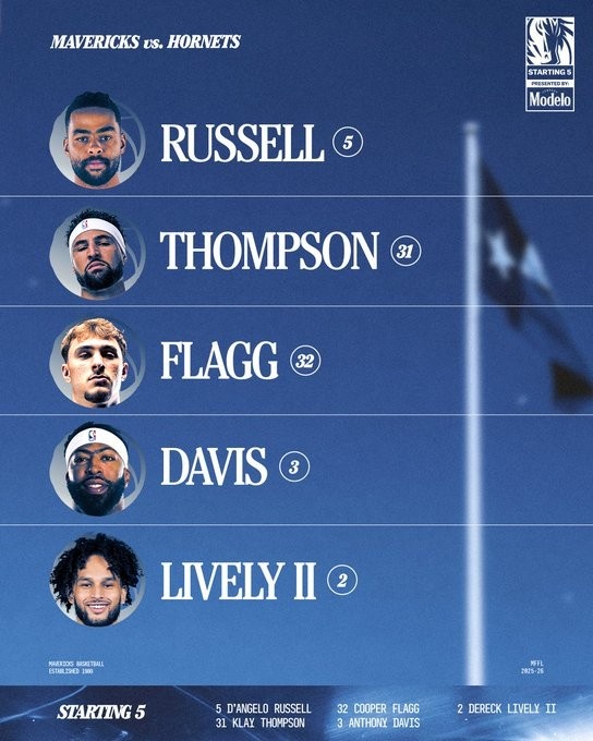 独行侠首发：拉塞尔&克莱搭档后场 浓眉打4 外加弗拉格&莱夫利